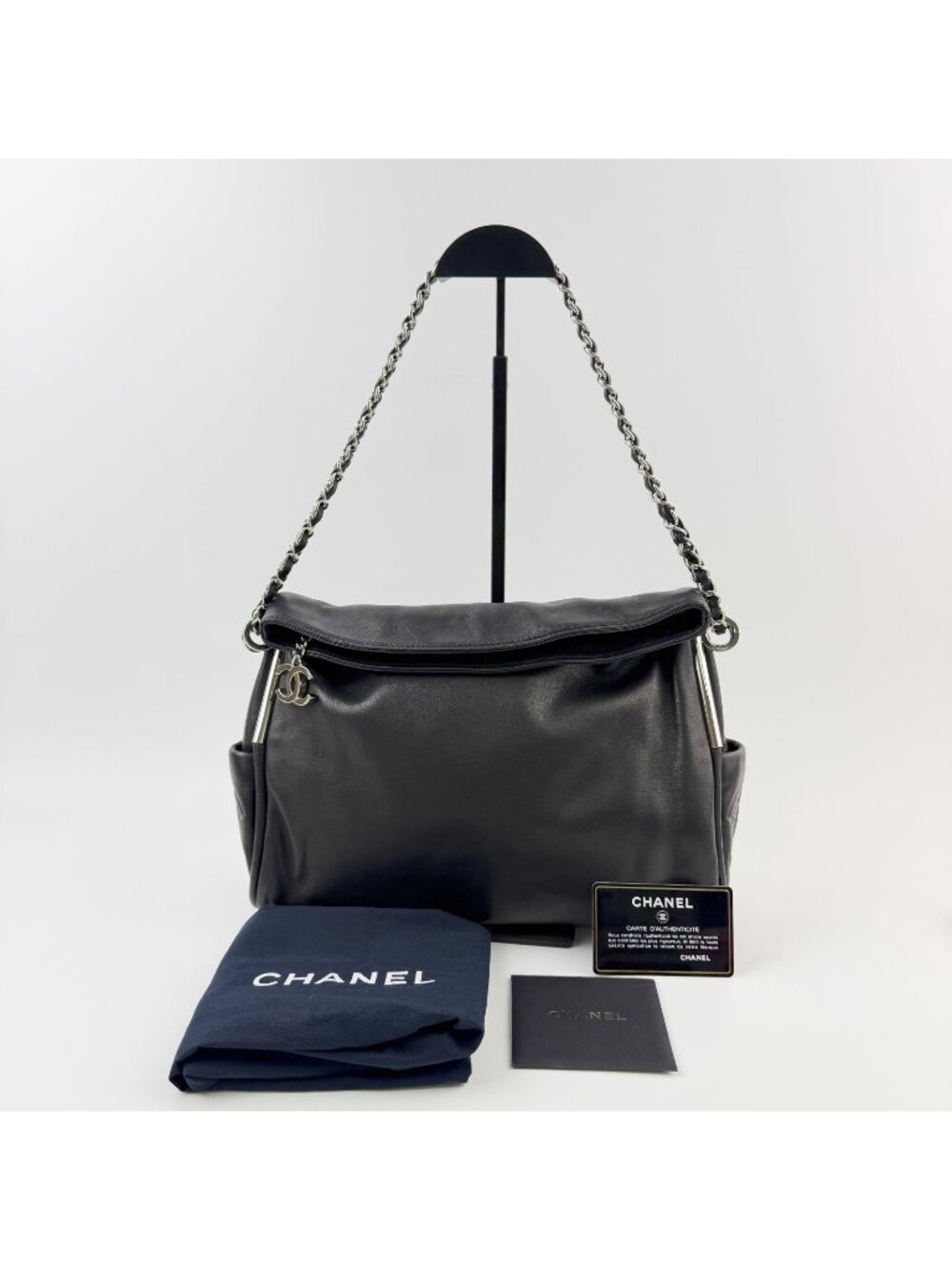 Chanel CC Logo Side Pocket Charm Chain Shoulder Bag Leather Black Silver Seal